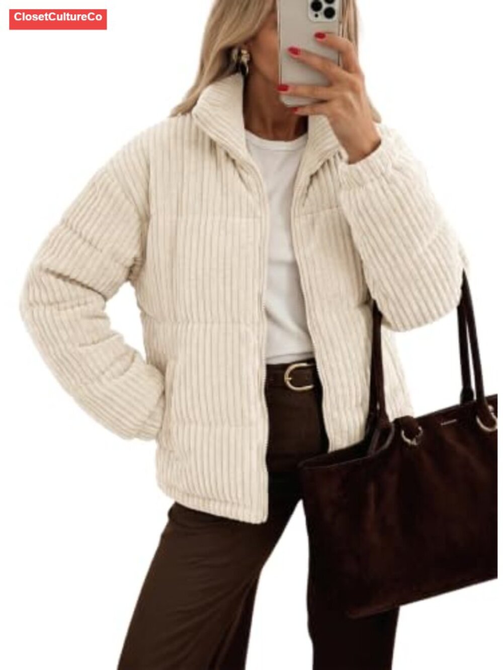 Women's Cropped Quilted Zip Up Jacket Corduroy Casual Coat